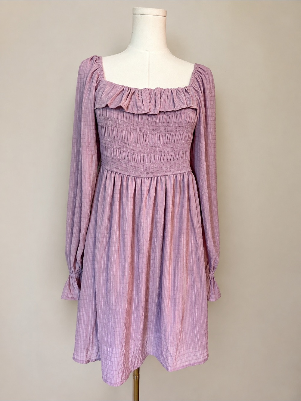 Blu Pepper M Dusty Mauve Lavender Smocked Ruffle Square Neck Long Sleeve Dress